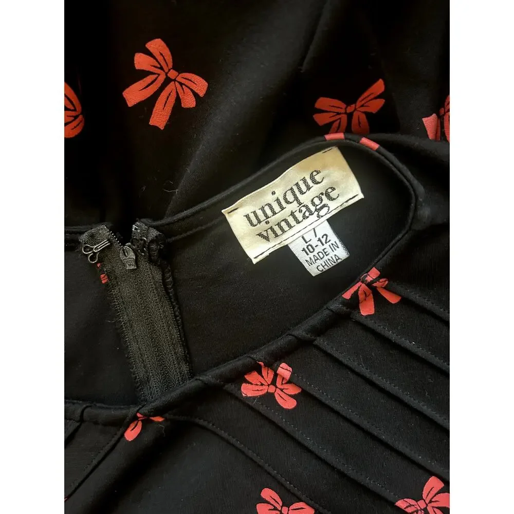 Unique Vintage Black Bow Print Dress | Size L | Retro Pinup Style - Picture 2 of 6